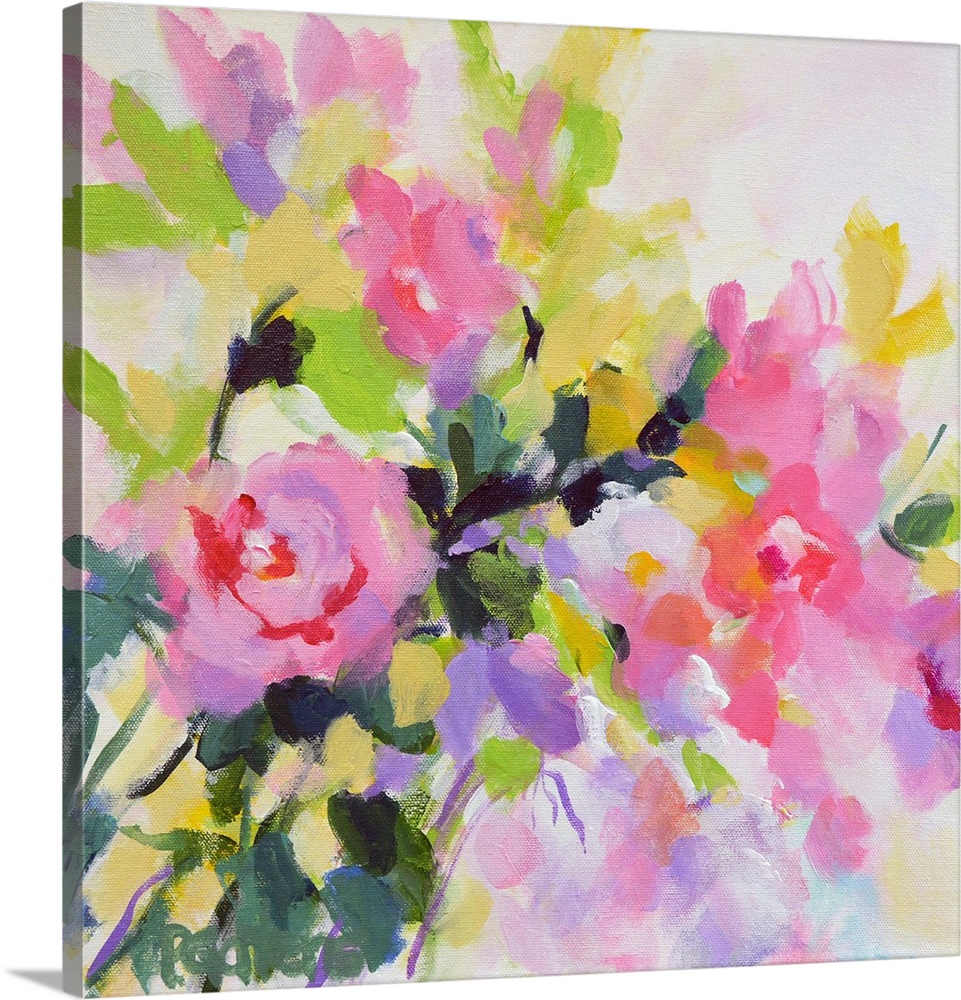A square contemporary painting of bright roses in pink.