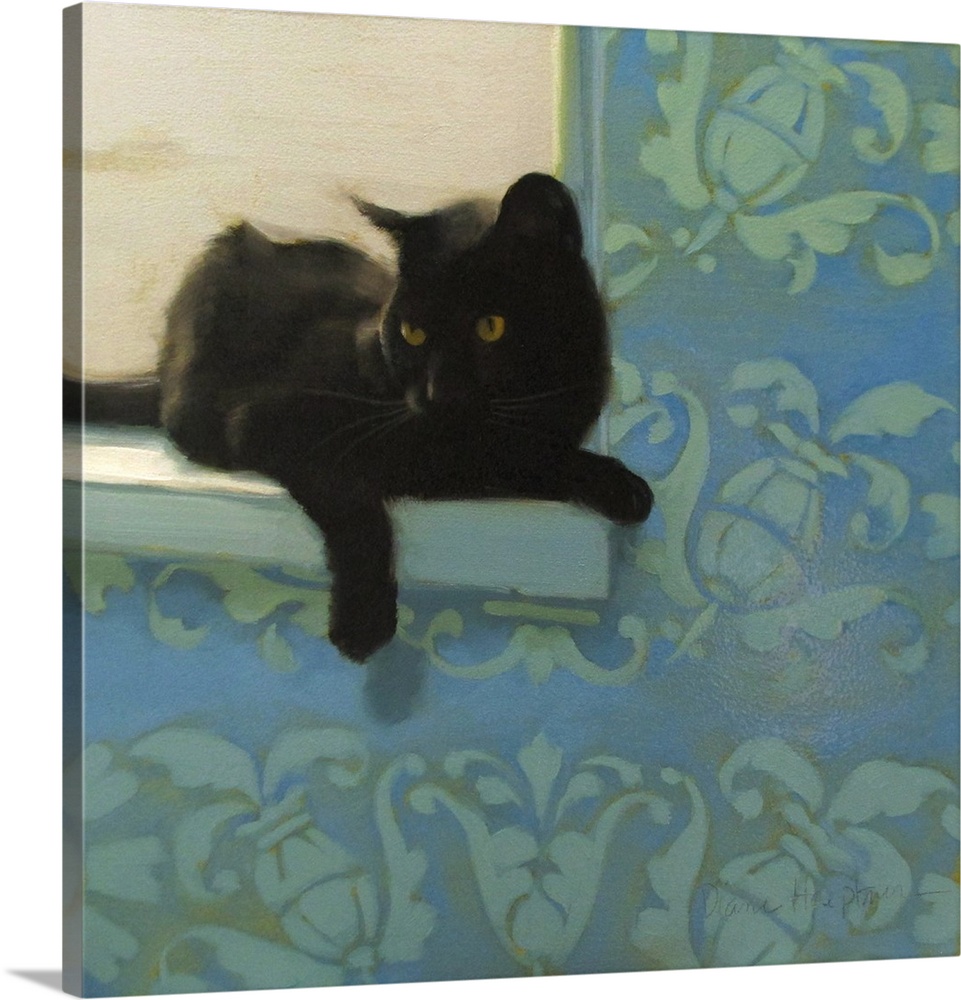 Contemporary painting of a black cat resting on a windowsill.