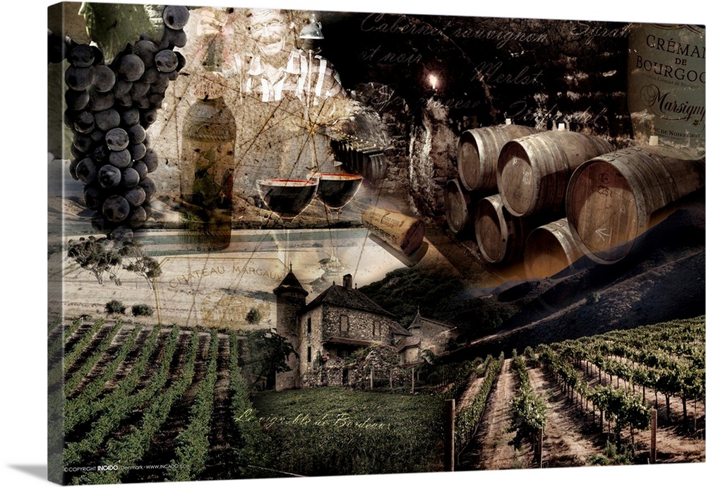 Image composite of a wine vineyard, including grapes and wine barrels.