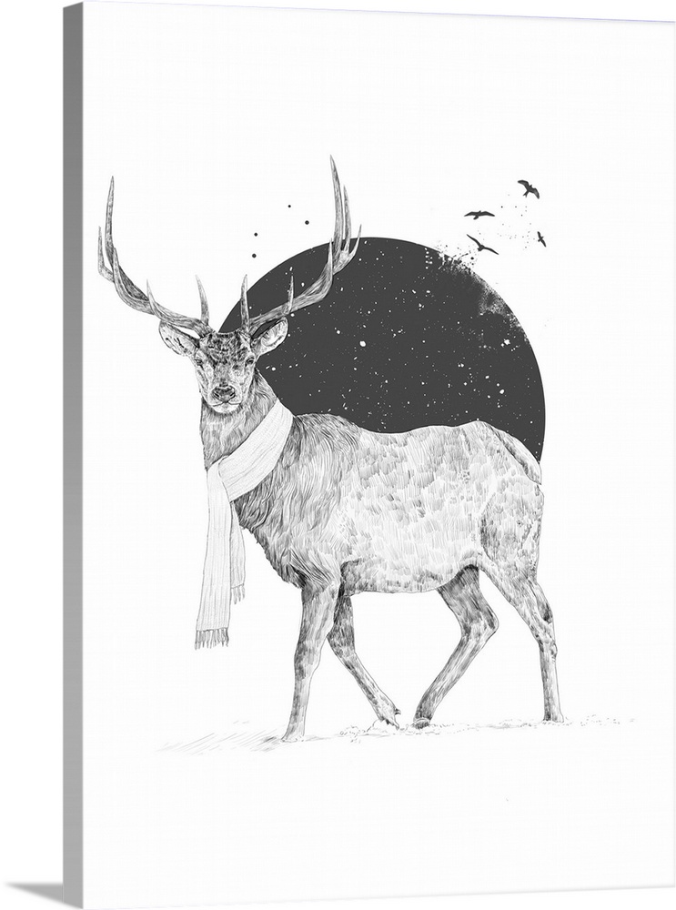 Surrealistic portrait of a deer in winter wearing a scarf.