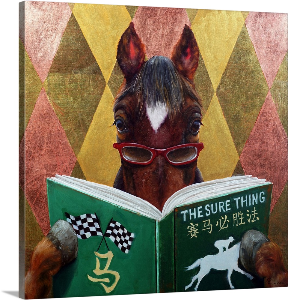 A square painting of a horse with eyeglasses, reading a betting book.