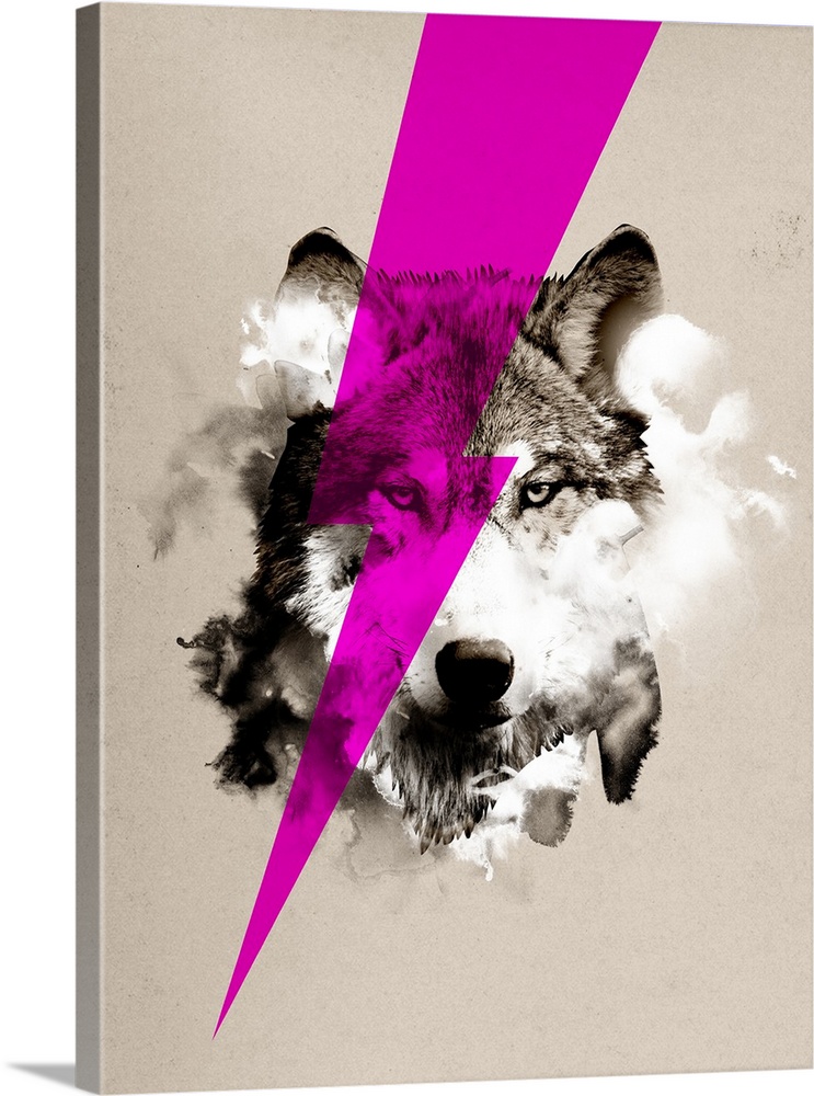 Decorative artwork of a wolf head revealed by smoke with a purple lightening bolt going across the wolf's eye.