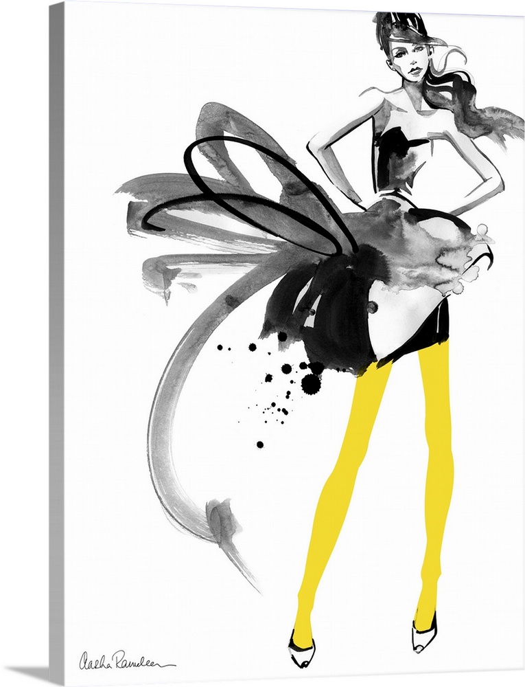 Contemporary fashion artwork of a woman wearing a decorative dress with bright yellow tights.