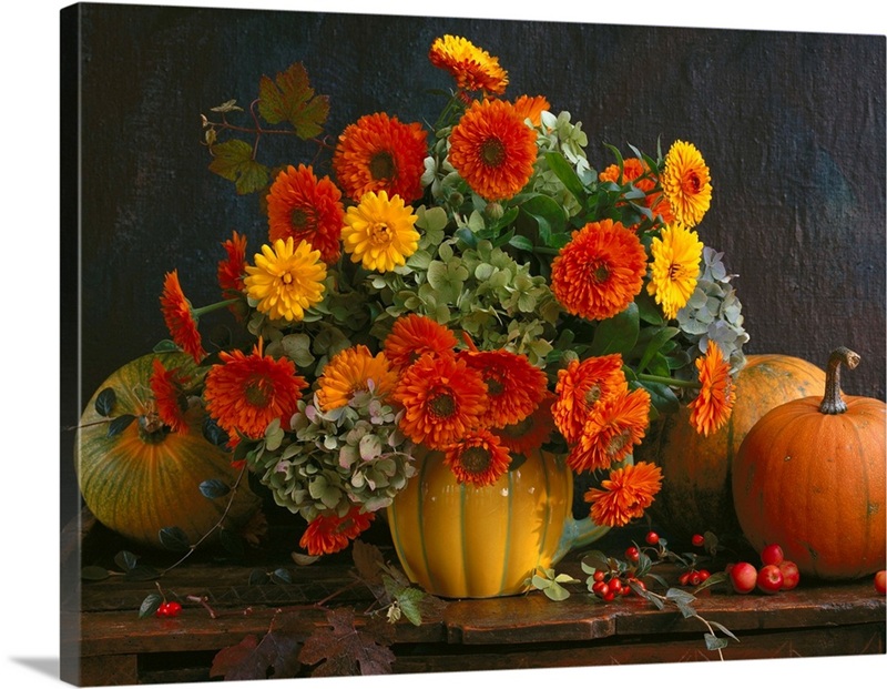 Autumn flower bouquet with pumpkins | Great Big Canvas