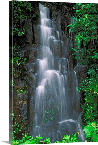 Hawaii, Maui, Hana Highway, Cascading Waterfall In Lush Tropical Rainforest