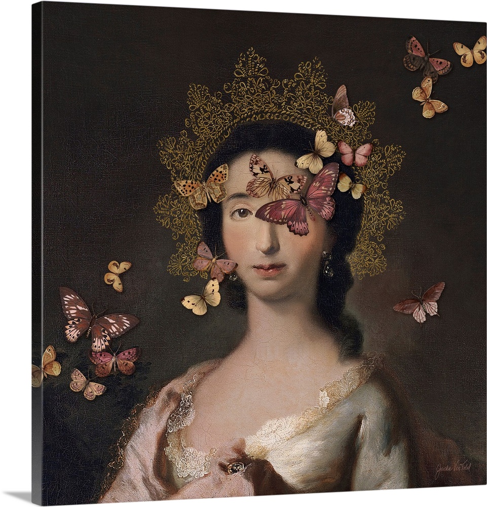 An enchanting maiden, adorned with a golden halo, surrounded by fluttering butterflies.