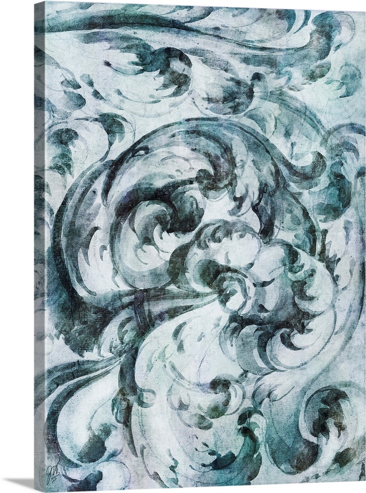 A simple watercolor sketch of a baroque architectural scroll in shades of blue and green.