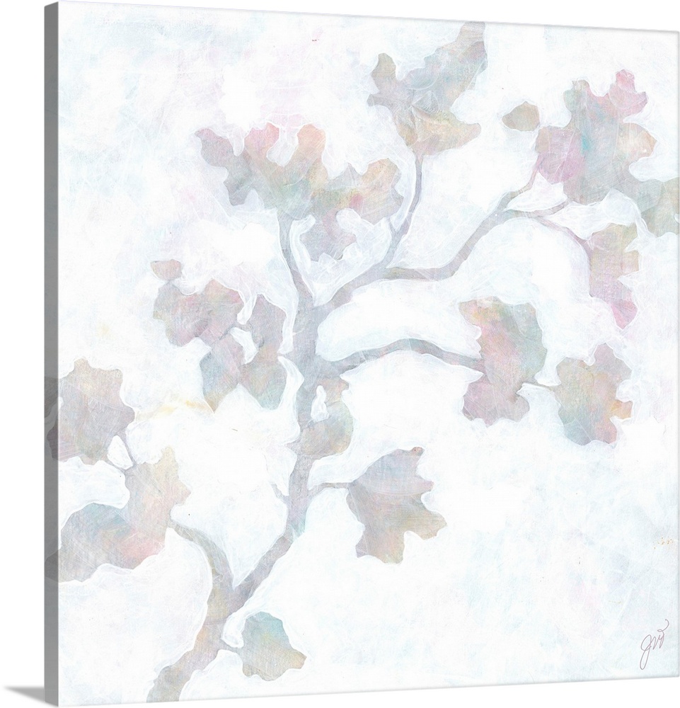 In soft pastel tones of pink, purple, and orange, the silhouette of a flowery branch stands out against a light background.