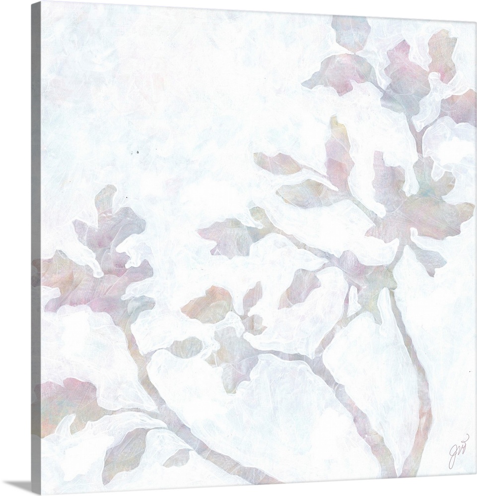 In soft pastel tones of pink, purple, and orange, the silhouette of a flowery branch stands out against a light background.