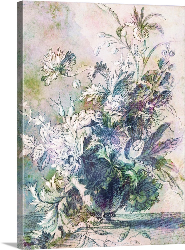 An old world sketch of a floral arrangement in subtle shades of blue and green.