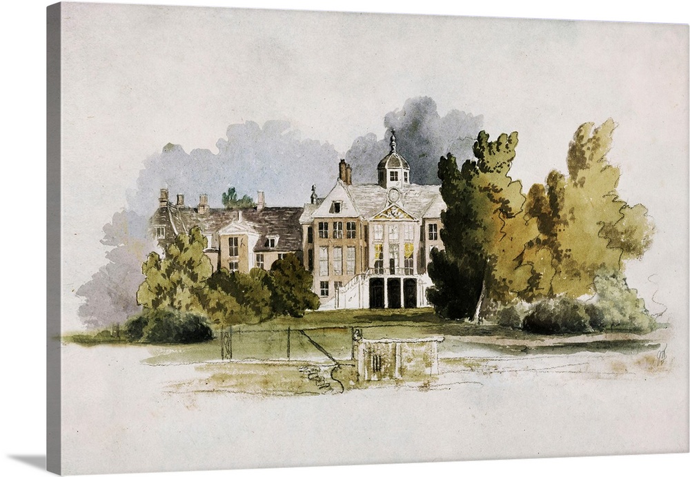 A quaint forested estate in the country done in watercolor.