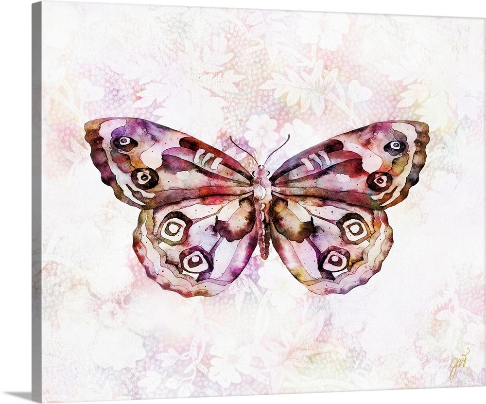 A butterfly rendered in vibrant watercolor over a modern floral background.