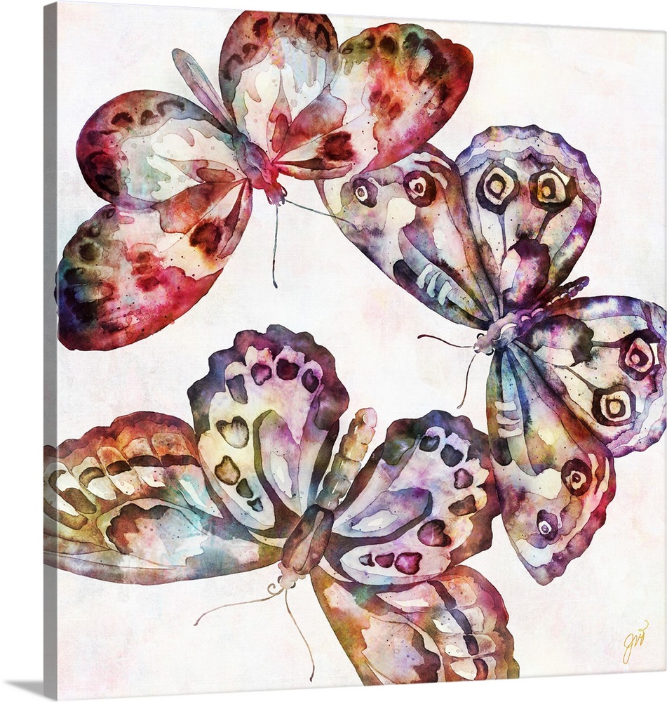 A trio of butterflies rendered in vibrant watercolor over a modern floral background.