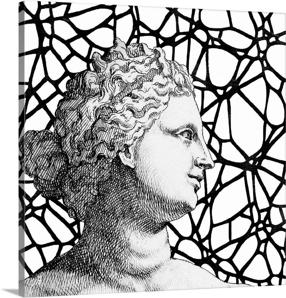 A classical Greco-Roman bust of a woman over a modern graphic background.