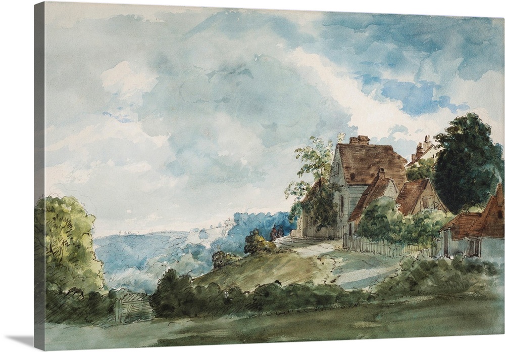 Nestled among trees, a charming cottage sits atop a hill, with vibrant clouds filling the distant sky.