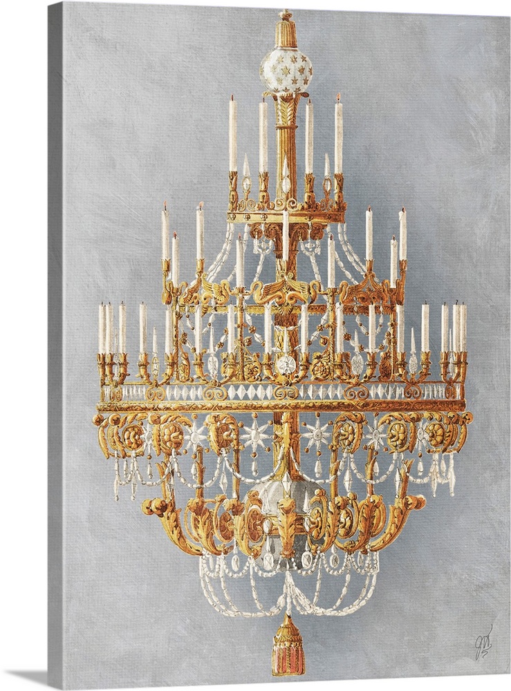 A gilded crystal chandelier dressed with candles.