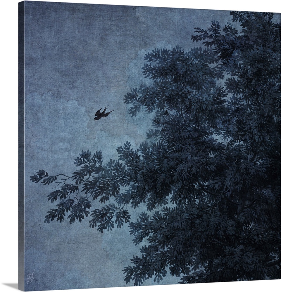 A swallow dives from a lush tree in beautiful shades of indigo.