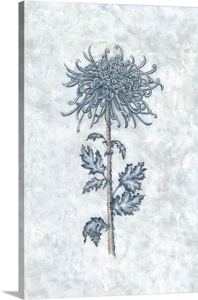 The soft blue hues of a delicate flower contrast elegantly with the white background.