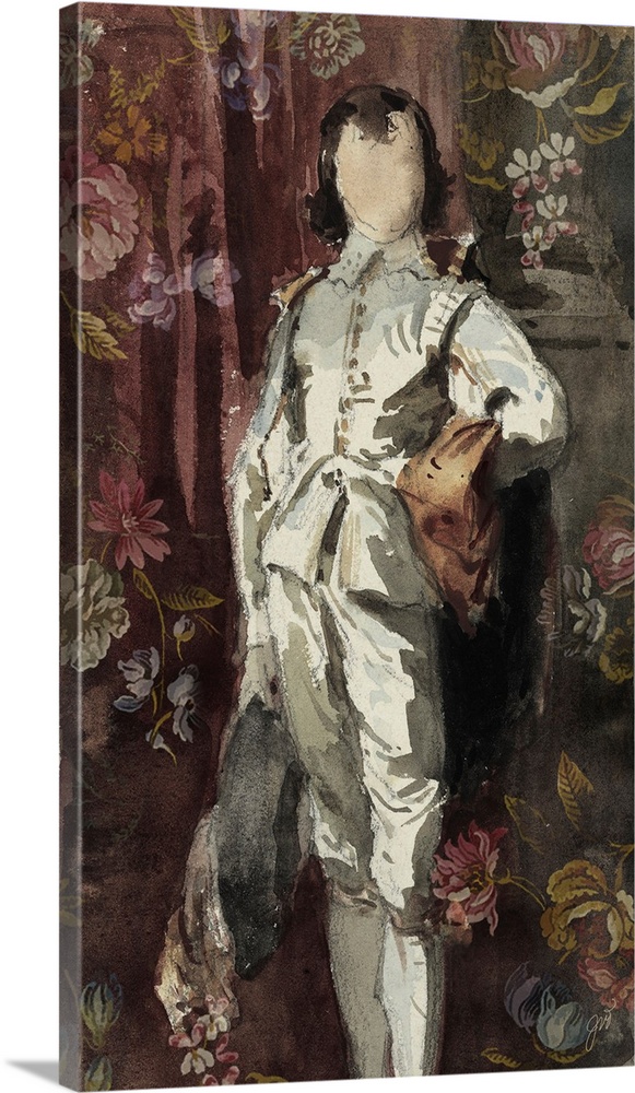 Dressed in elegant white attire, a faceless figure poses against a backdrop of floral drapery.