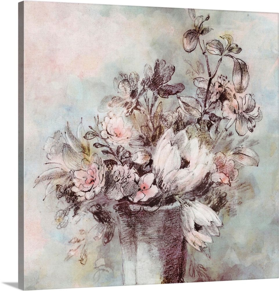 A modern sketch of a vase full of flowers in shades of peach and turquoise.