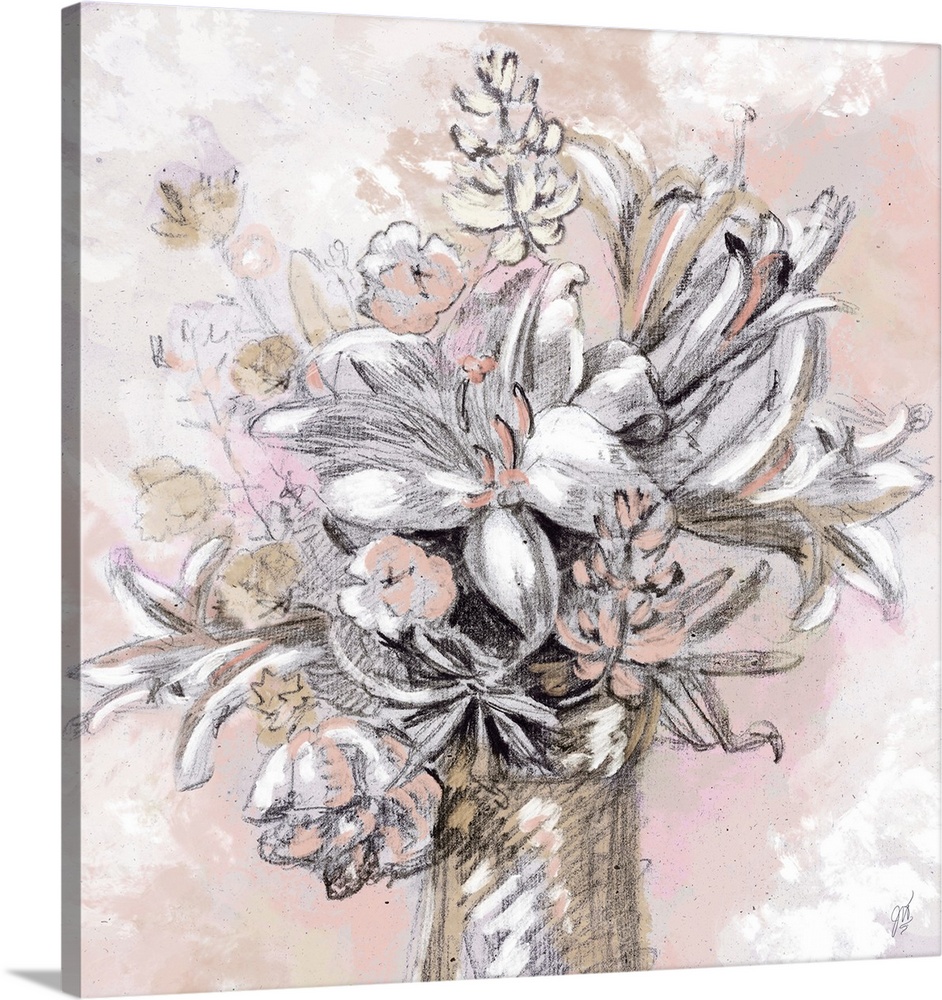 A modern sketch of a vase full of flowers in shades of pink and tan.