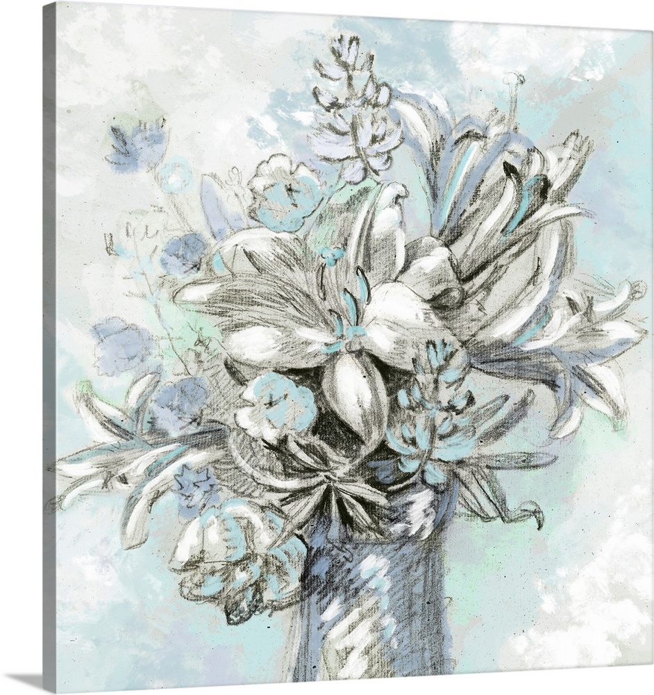 A modern sketch of a vase full of flowers in shades of turquoise and blue.