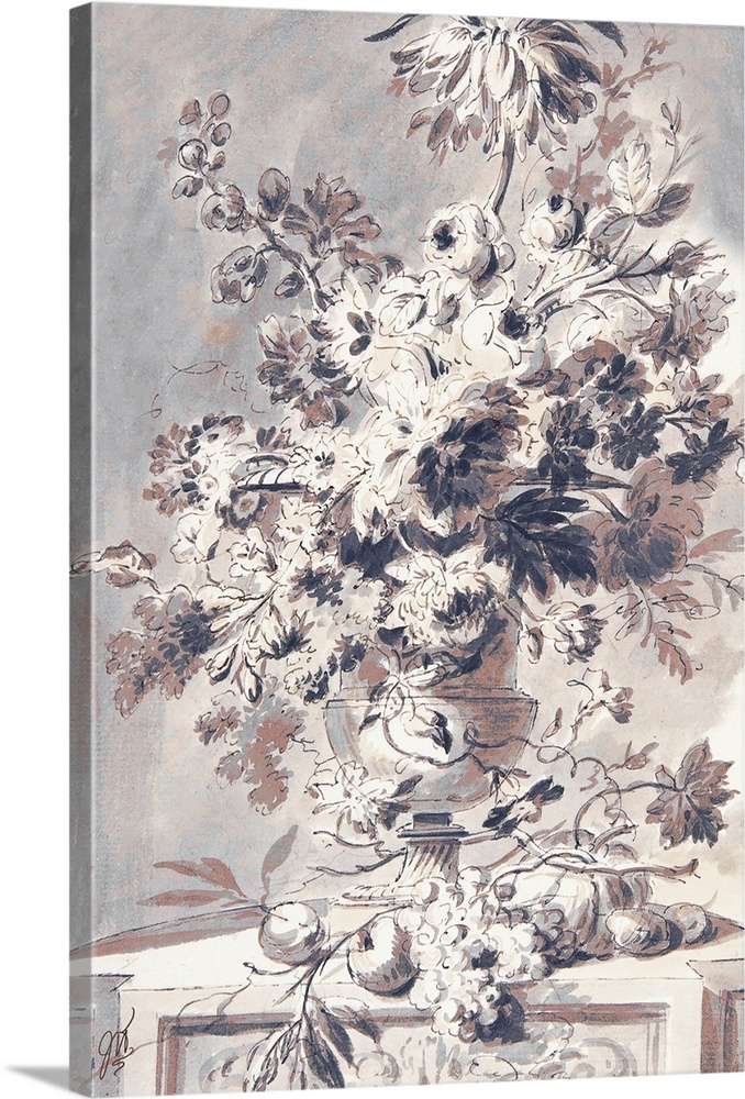 An old world sketch of a floral display in subtle shades of brown and navy blue.