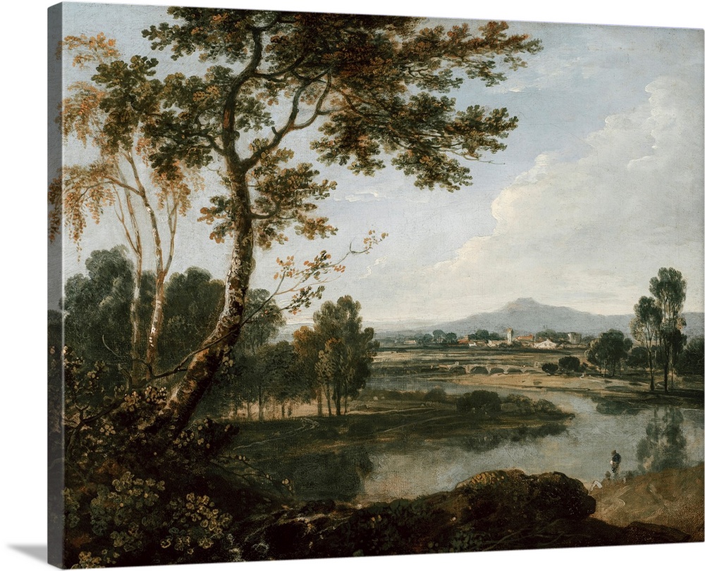 In this beautiful landscape, a tree stands at the river's edge, winding away toward a picturesque countryside estate.