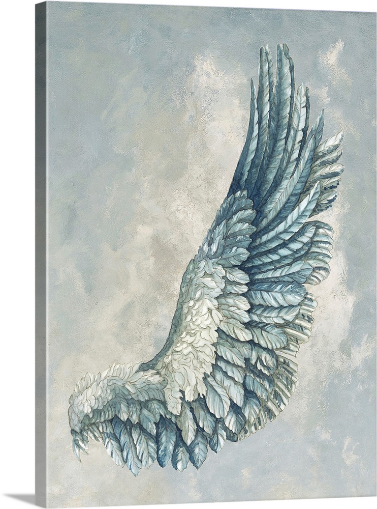 An intricate watercolor of a birds wing over a cloudy background.
