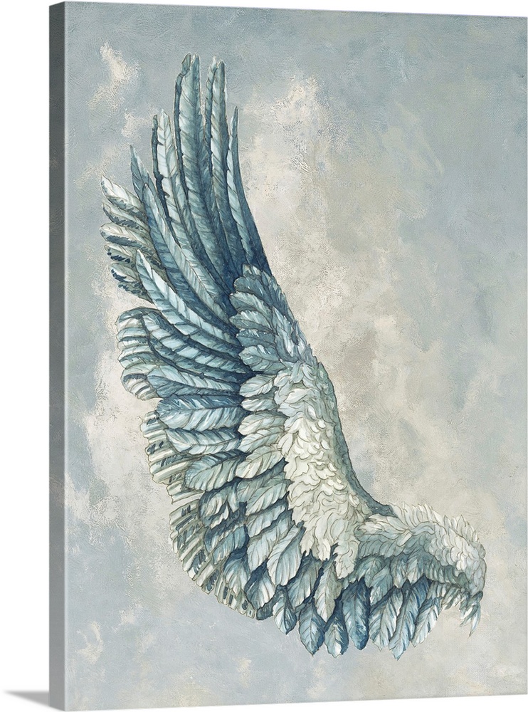 An intricate watercolor of a birds wing over a cloudy background.