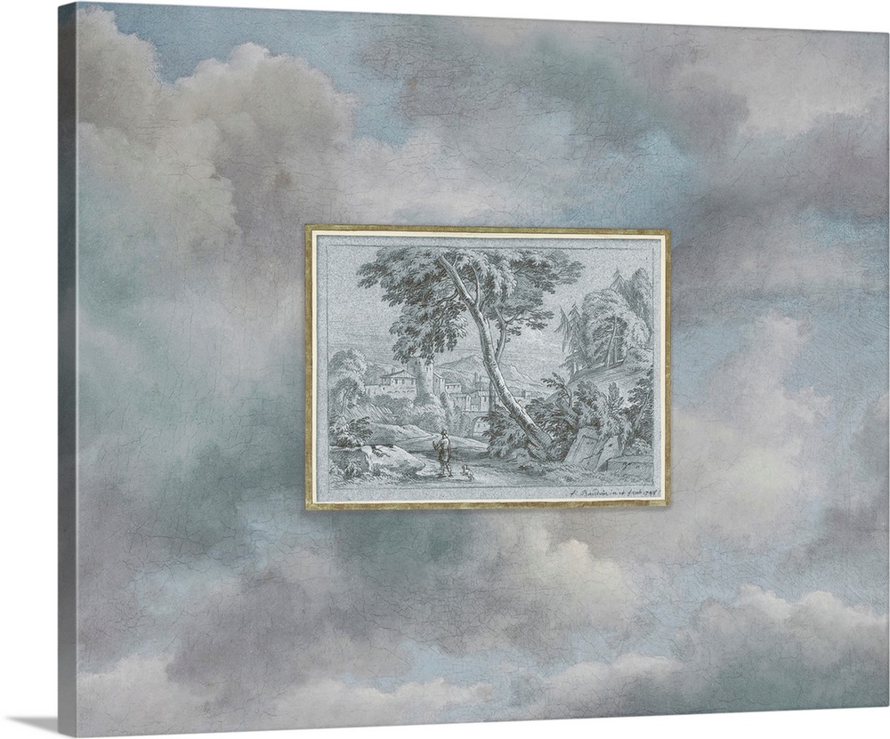 A vintage pastoral print of a villa in the county, framed in gold, floats above an ethereal sky filled with clouds.