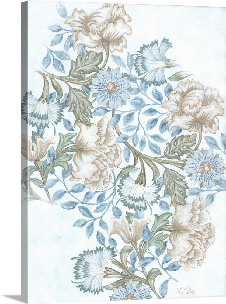 A white background accentuates the elegance of white and blue flowers in this tranquil composition.