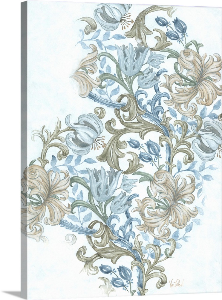 A white background accentuates the elegance of white and blue flowers in this tranquil composition.