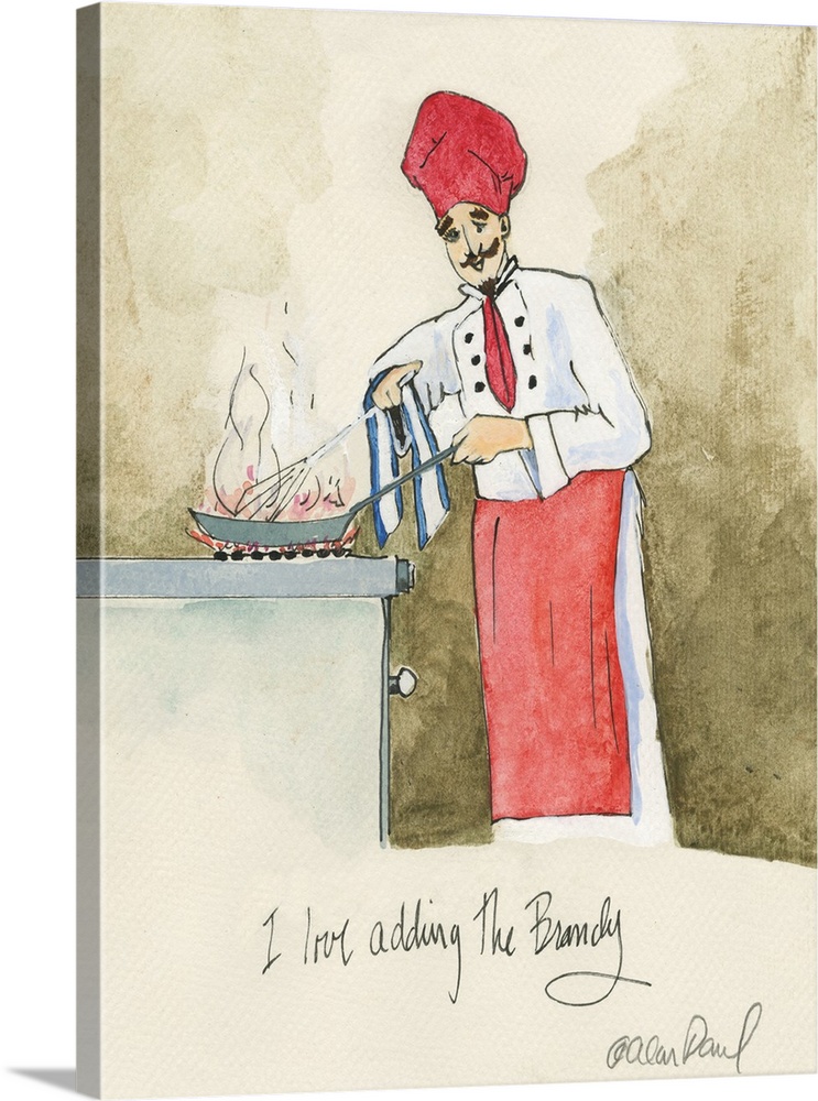 Watercolor painting with pen and ink details of a chef sauteing titled Add the Brandy by Alan Paul.