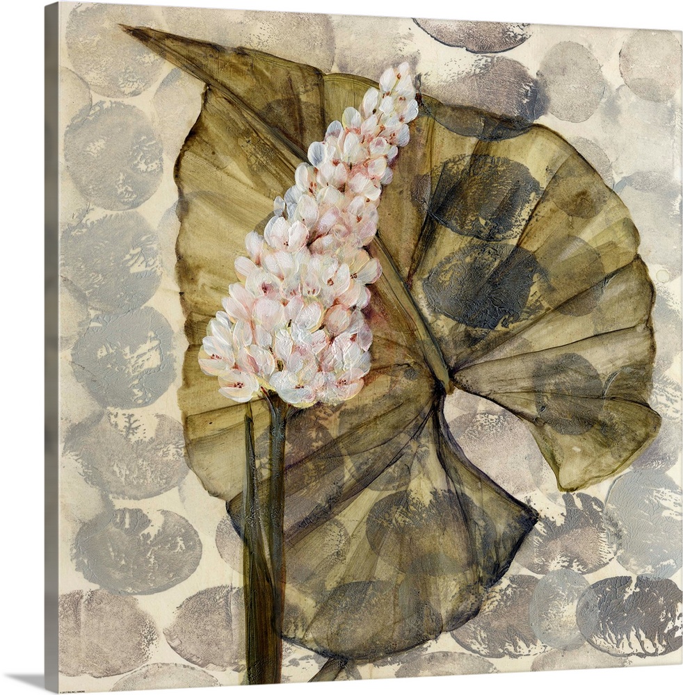 Fine art painting of layered leaves and flowers on a gray patterned background by Amore.