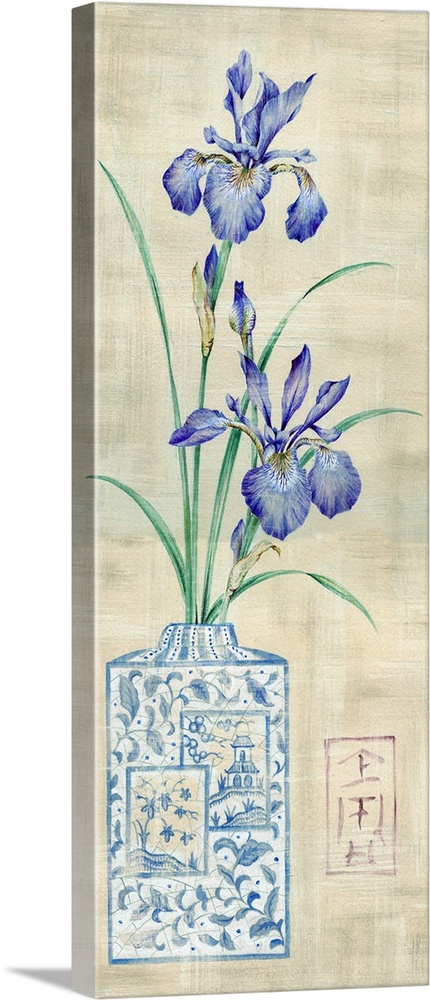 Digital art painting of an Asian floral display in vase against a light colored background.