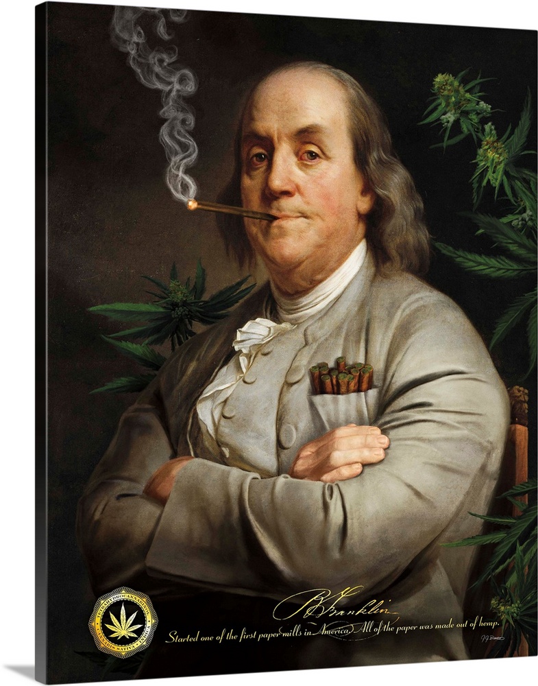 Digital art painting of a poster titled Ben's Cigar by JJ Brando. Ben Franklin surrounded by marijuana plants.