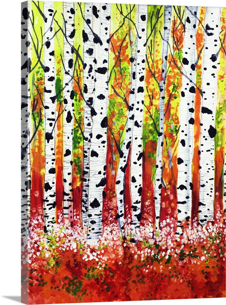 A bright contemporary painting of birch tree trunks amid fall foliage colors