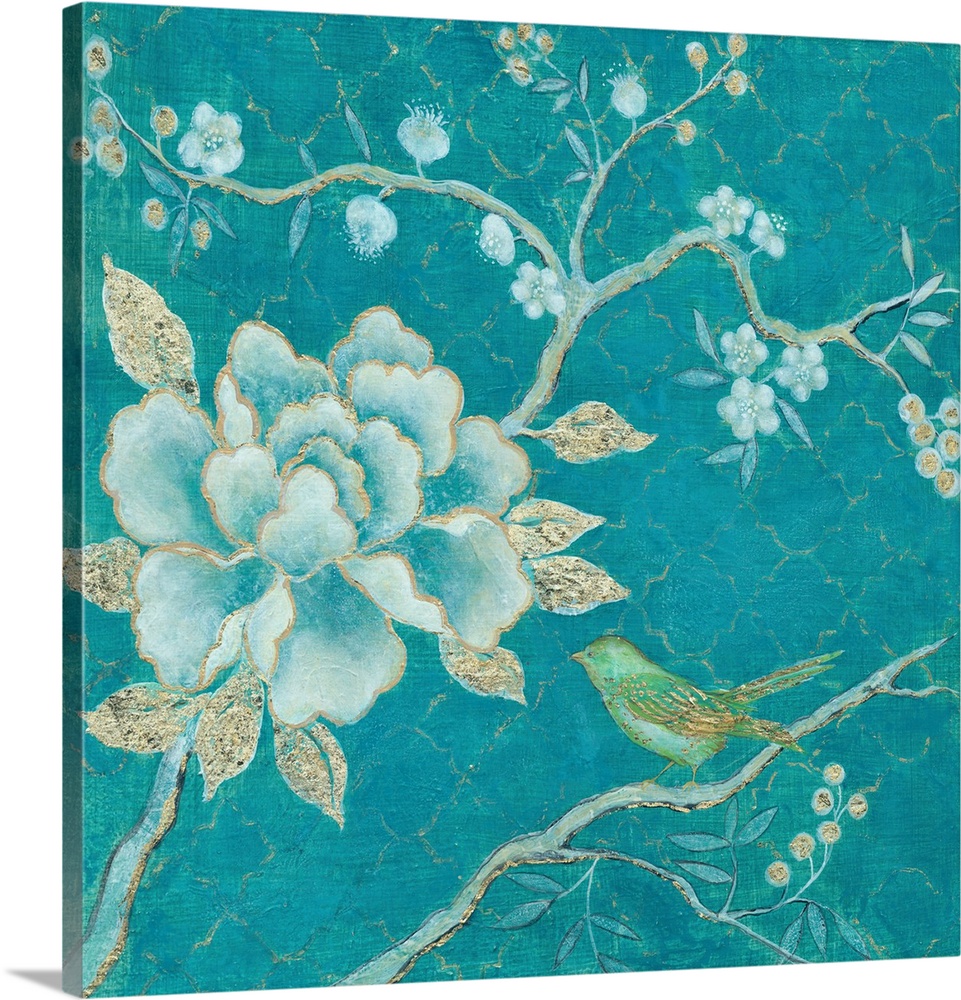 Fine art painting of Japanese blossoms and a bird in teal and gold by Elle Summers.