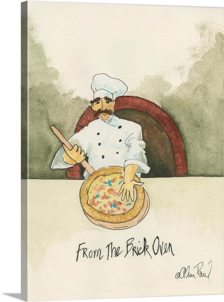 Watercolor painting with pen and ink details of a chef making a pizza titled Brick Oven by Alan Paul.