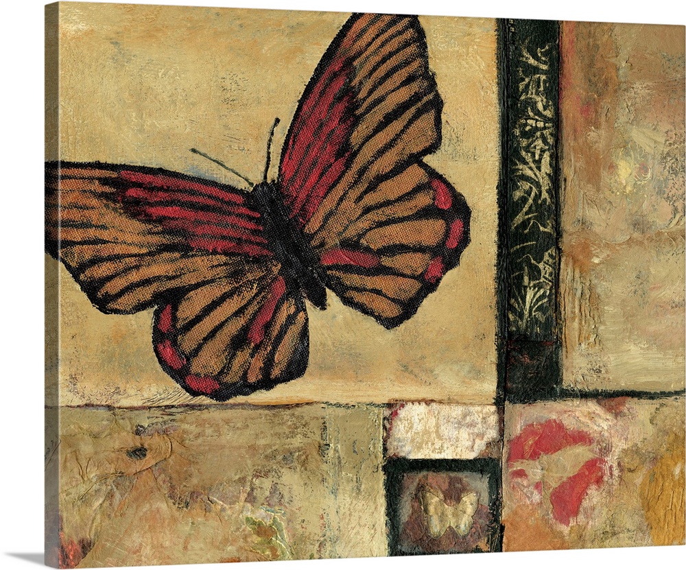 Contemporary artwork of a red lacewing butterfly over a distressed background.