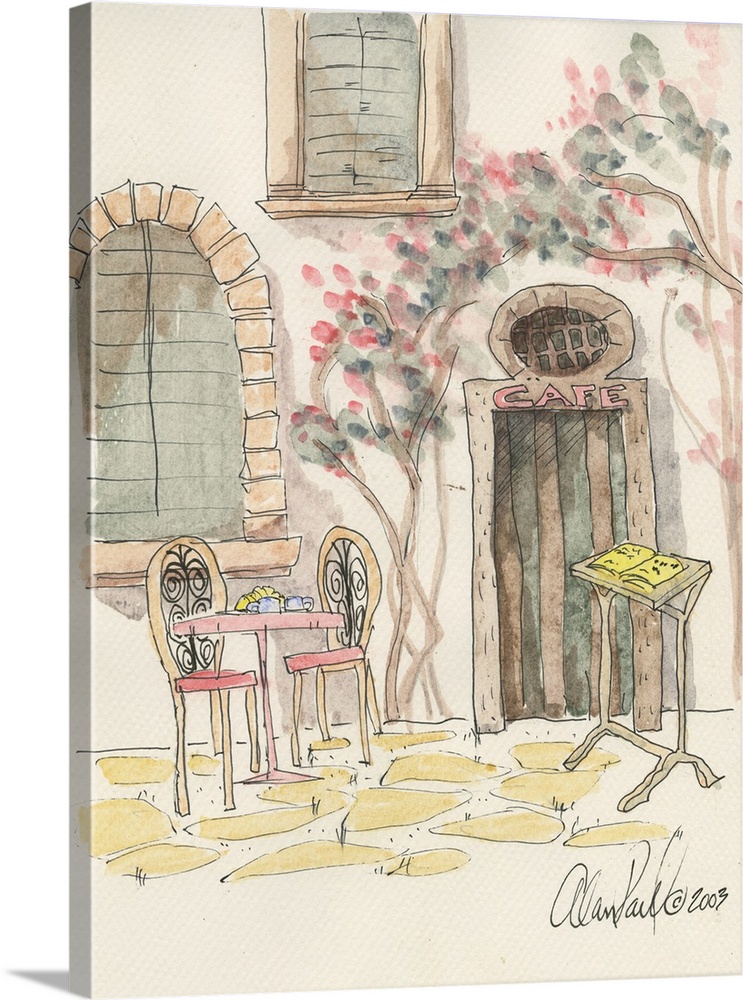 Watercolor painting with pen and ink details of a cafe table for two street scene in Italy by Alan Paul.