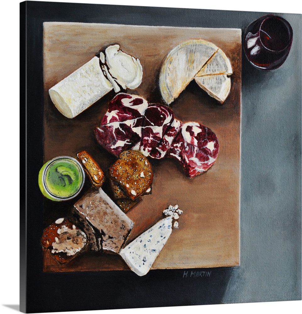 Fine art oil painting of a wooden cheese board with samples of brie, goats milk cheese, meat and hearty slices of bread pa...
