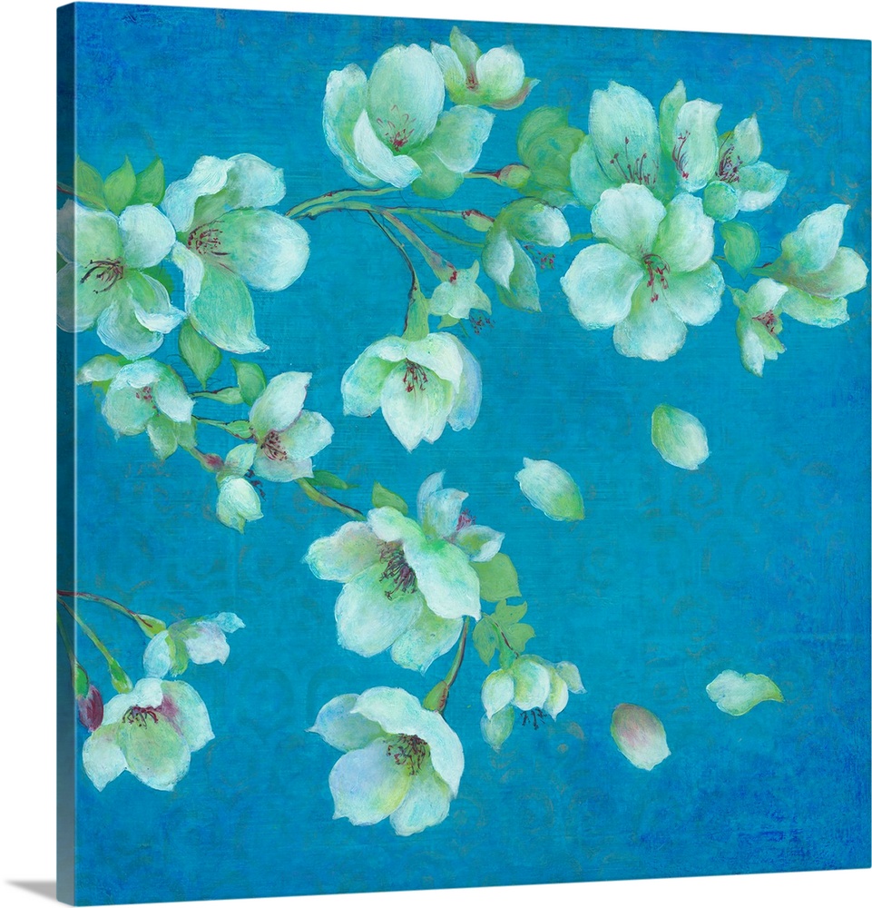 Contemporary artwork of cherry blossoms against a teal blue background.