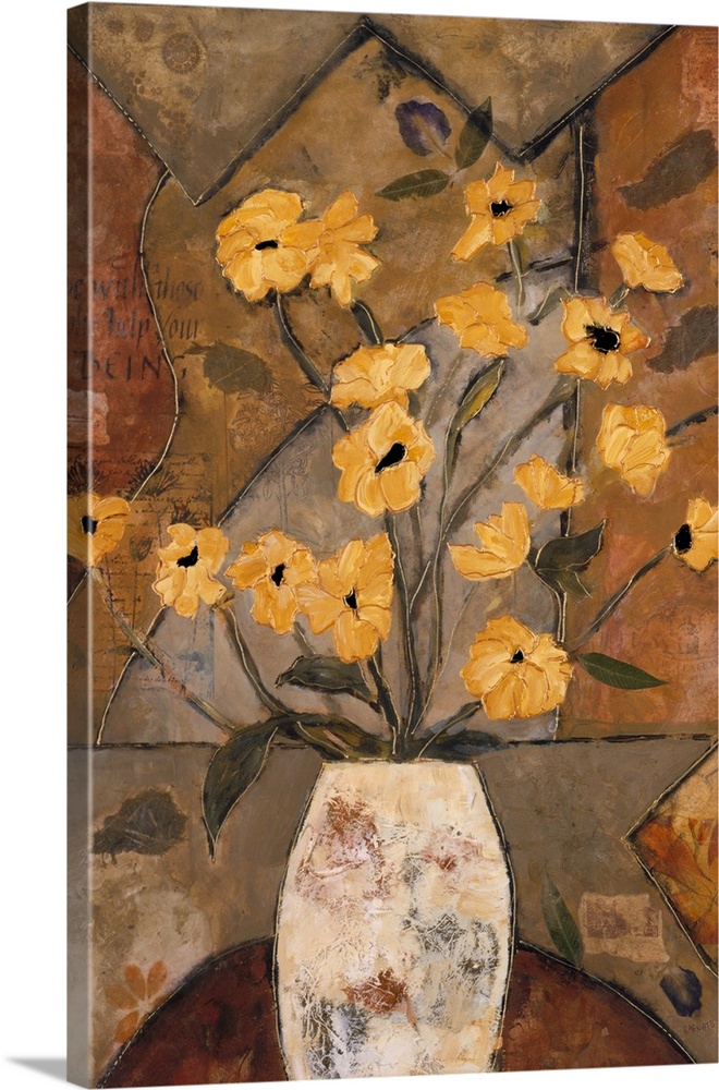 Contemporary painting of a bouquet of golden yellow flowers over a mosaic inspired background.