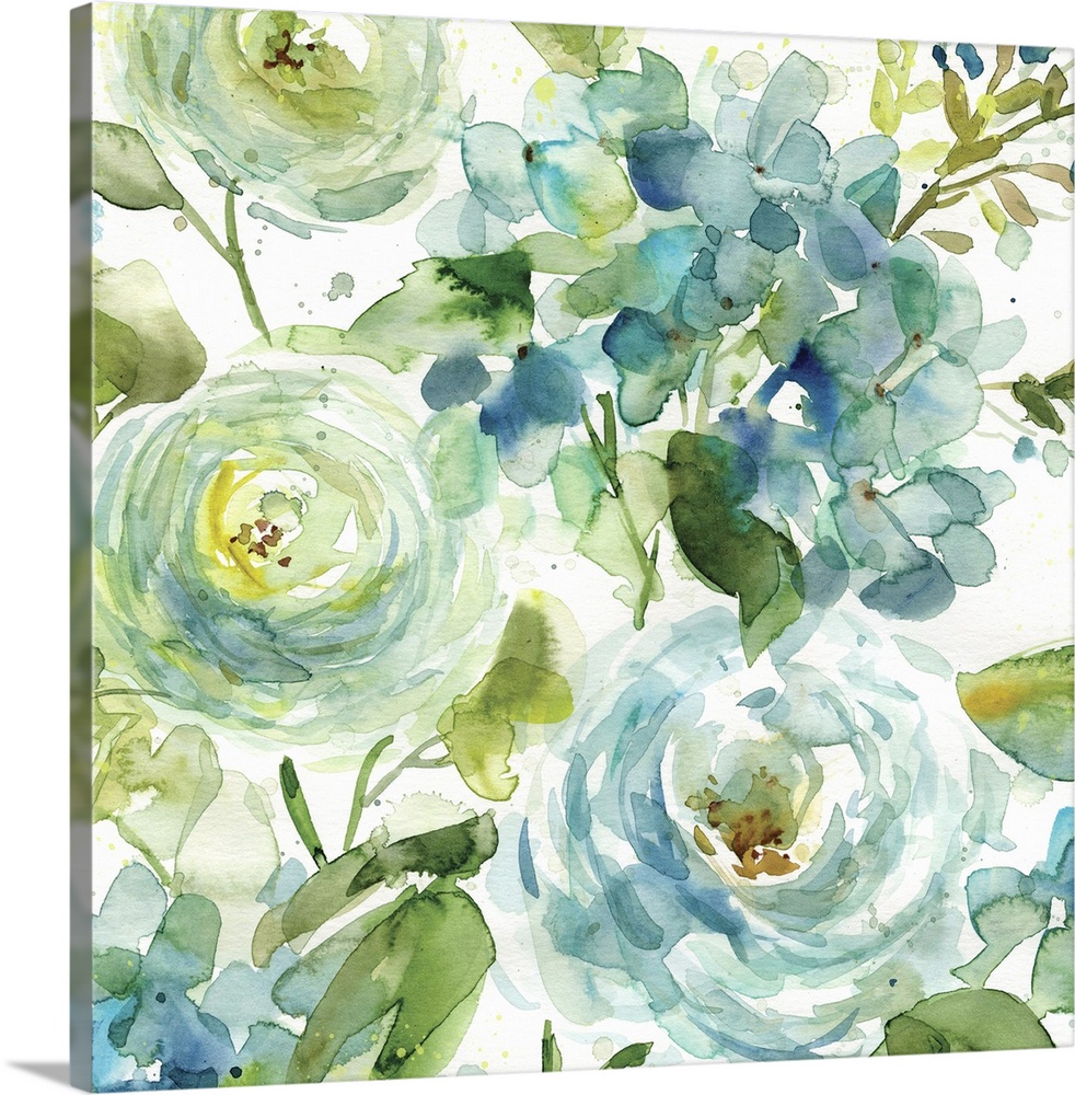 Fine art watercolor painting of an assorted bouquet of flowers in blue and green by Elizabeth Franklin.