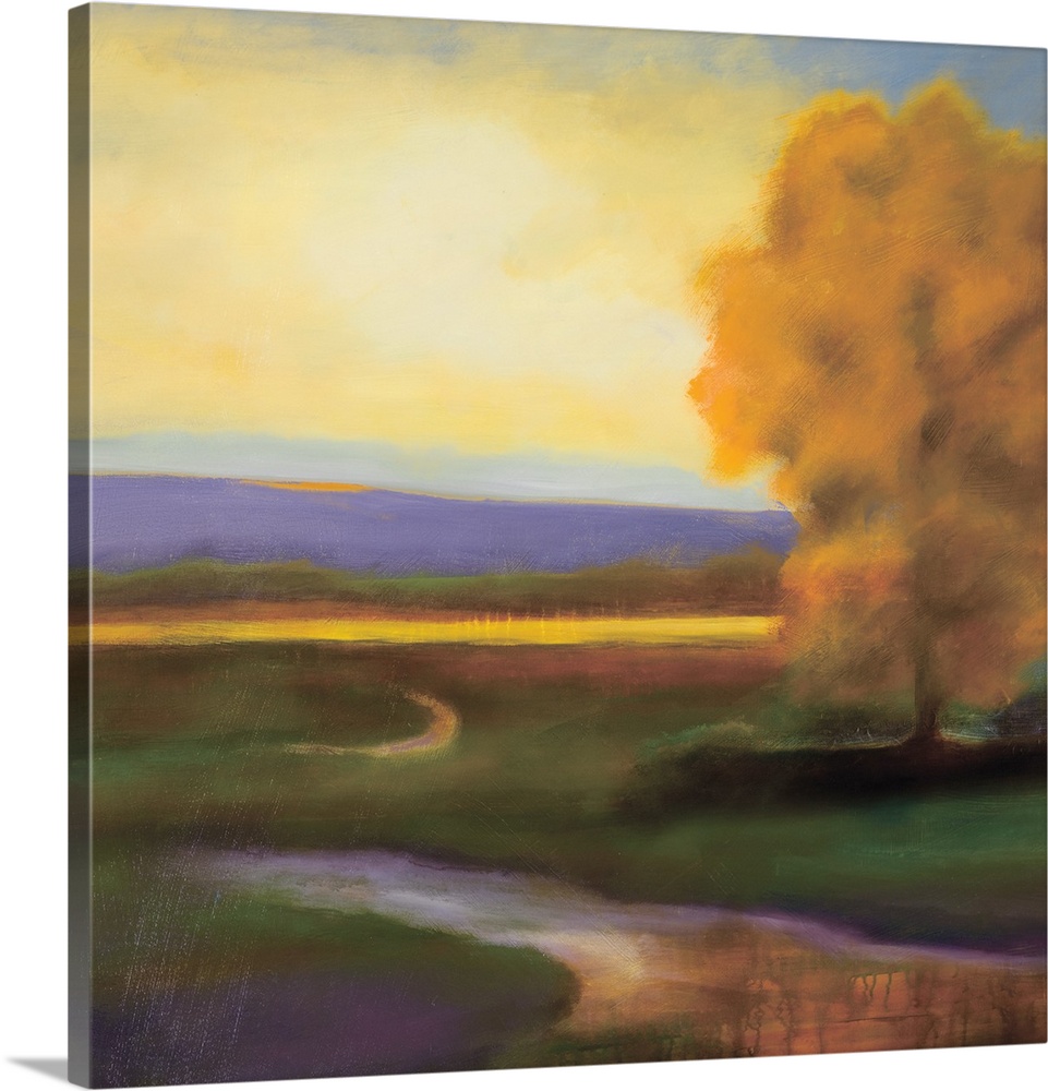 Contemporary painting of golden fall tree on a river in the country.