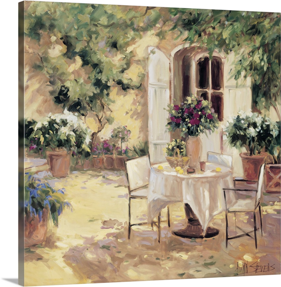 Fine art oil painting landscape of a country villa terrace with flowering plants and a table for two by Allayn Stevens.