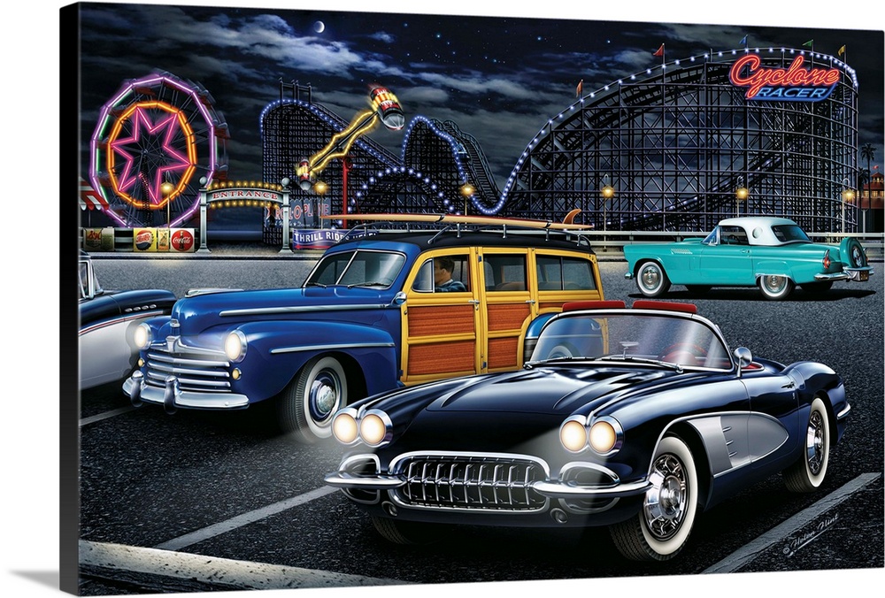 Digital art painting of the Cyclone Racer roller coaster in Long Beach, California with classic cars by Helen Flint.