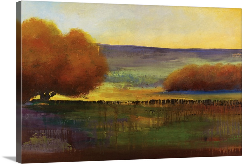 Contemporary artwork of a brightly colored landscape with fall trees against a shaded blue and yellow sky.